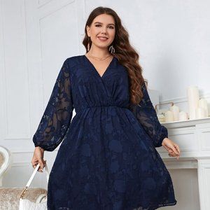Melo Apparel Plus Size Surplice Neck Balloon Sleeve Dress